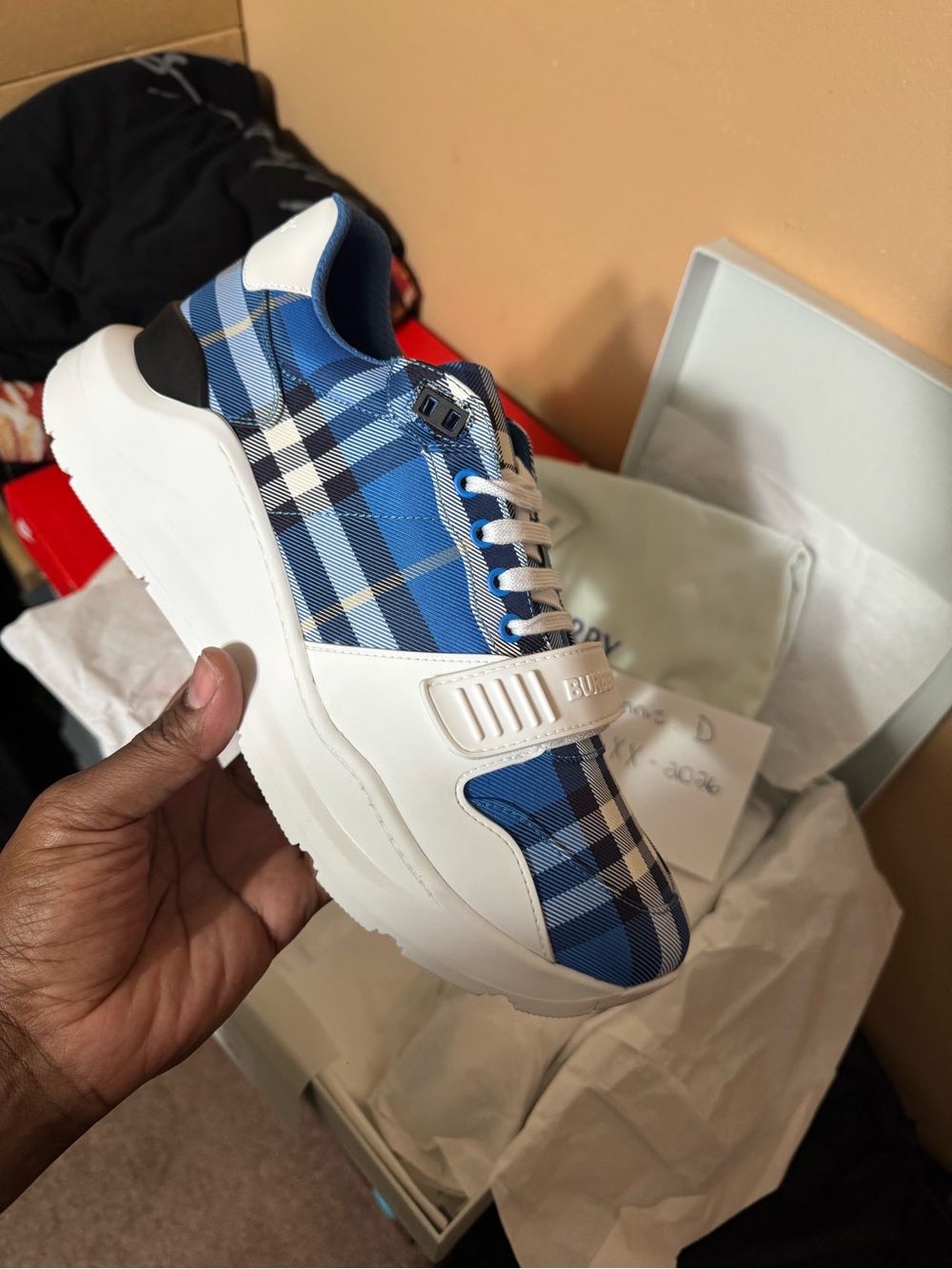 Burberry Blue Plaid Low-Top Sneaker with White Leather Accents